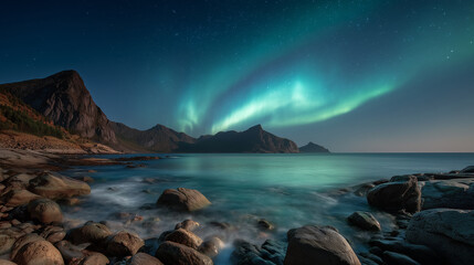 Naklejka premium Night landscape with aurora lights