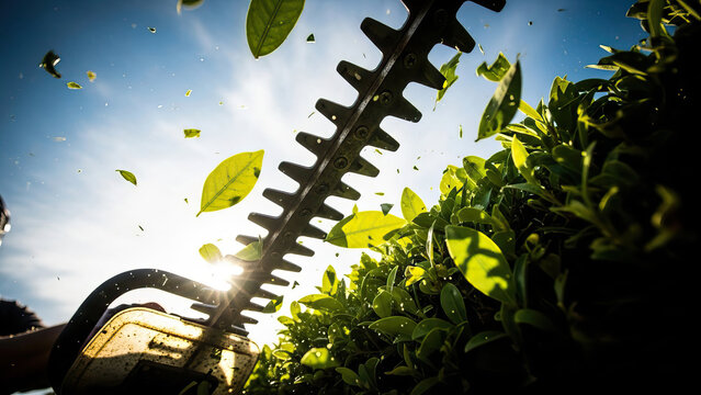 Hedge Trimmer Cutting Green Bush in Sunlight with Flying Leaves