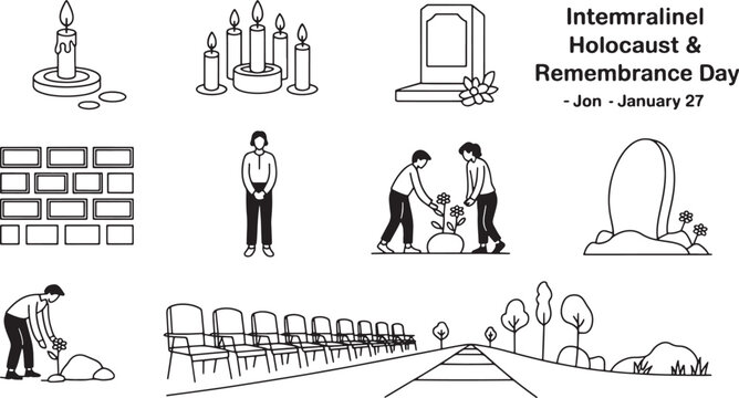 Set of international holocaust and remembrance day outline icons symbols on january 27