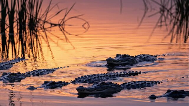 Alligators swimming at golden hour marsh sunset
