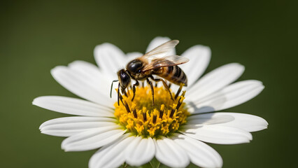 Honey bee collecting pollen from a white daisy flower
