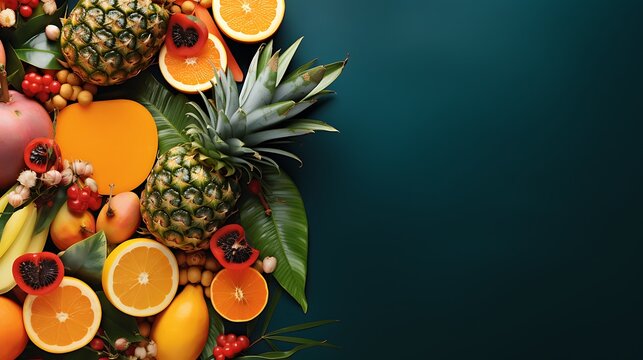 Assorted tropical fruits on a dark background - Powered by Adobe