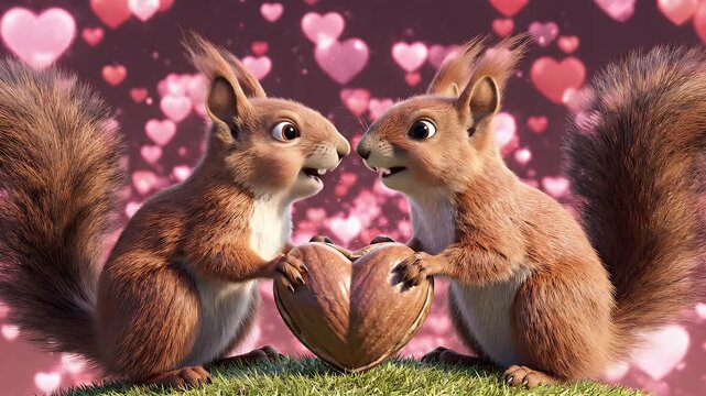 Squirrel Love with Heart-Shaped Nut - Two animated squirrels face each other, holding a large, heart-shaped nut in their paws.