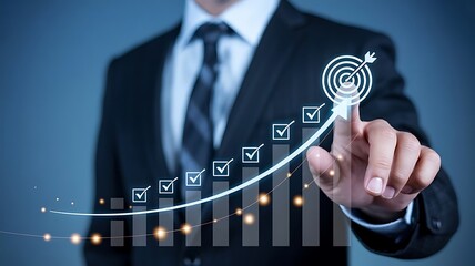 A businessman points to a virtual growth chart, illustrating business progress and the achievement of strategic goals. The upward trend culminates in a target icon.