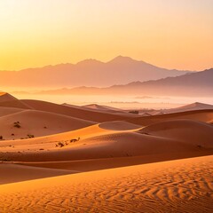 A serene desert landscape at sunset with rolling sand dunes and distant mountains
