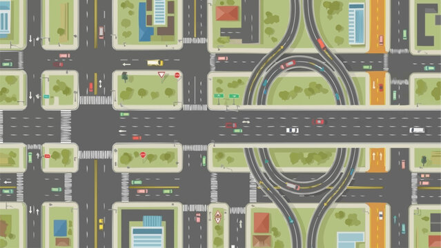 Aerial View of a Busy City Road Network and Highway Interchange.