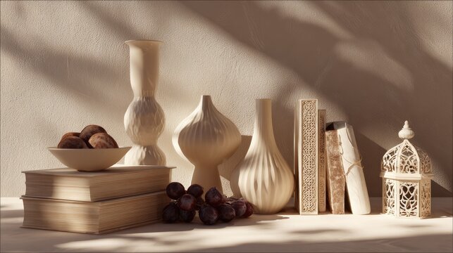 Elegant still life composition with books vases and decorative elements
