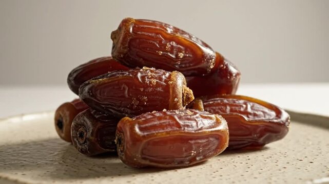 A close-up view of a stack of dates on a textured plate, showcasing their glossy texture and brown color in a neutral environment