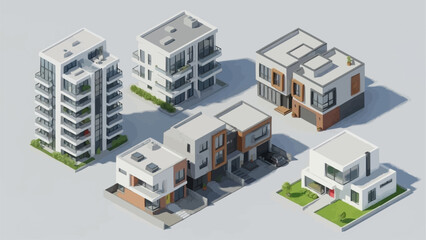Modern Apartment Buildings and Houses Collection Isometric View.
