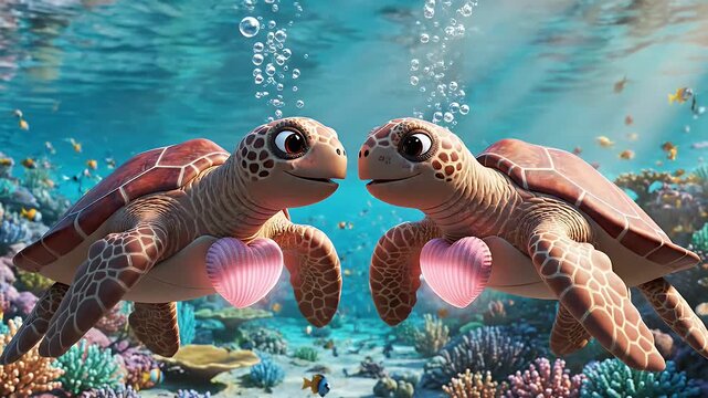 Cartoon Turtles in Love - Two cartoon turtles float in clear blue ocean water, each holding a pink seashell heart. The turtles have large eyes, smiling faces, and shells with brown and tan patterns.