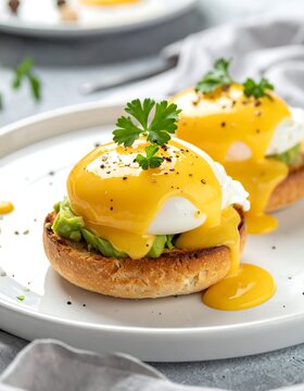 A plate of eggs benedict with avocado on toasted English muffins