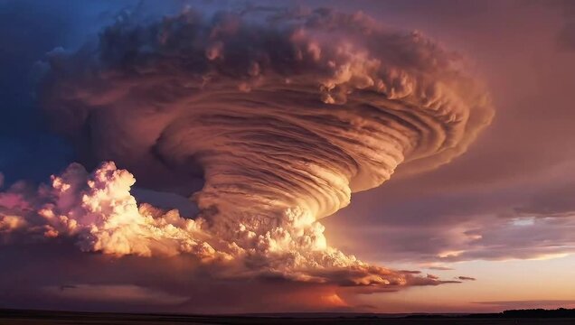 Towering Supercell: Storm's Majestic Fury at Sunset