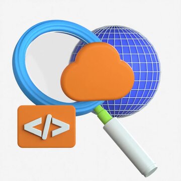 A 3D visual representation of a magnifying glass over a gear and data block used to illustrate system monitoring and technical observability