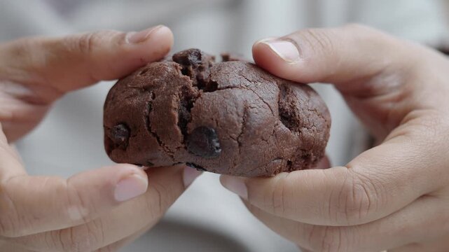 Enjoying a chocolate cookie in a cozy home setting