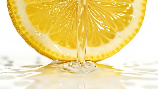 Lemon Slice Receives Water Pouring on White Background in Studio Shot