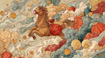 Chinese traditional lunar new year Spring Festival celebration in Asia. A whimsical, handdrawn illustration of a horse galloping through a cloudfilled sky, adorned with a red bag.