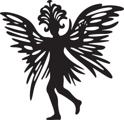 Black silhouette of fairy with large wings and feathered headdress