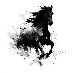 Chinese traditional lunar new year Spring Festival celebration in Asia. A black and white watercolor painting of a horse galloping against a white background.