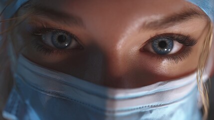 Bright blue eyes of a healthcare worker under a surgical mask in a clinical setting during the day