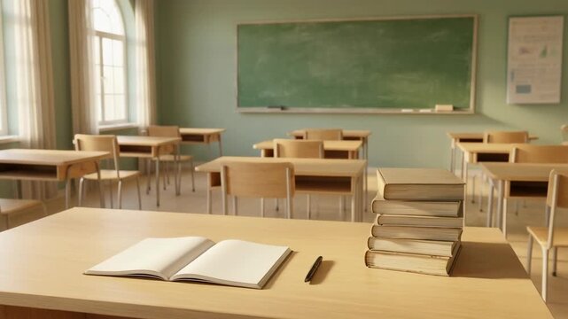 Bright and Inviting Classroom Setting with Desks, Books, and Chalkboard for Learning Environments