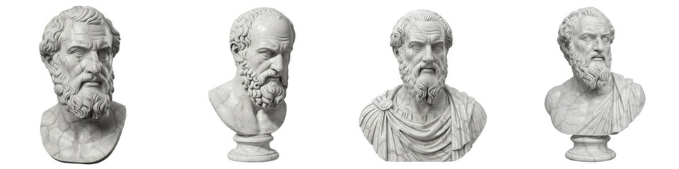 Set of four ancient Greek philosopher marble busts isolated on white background - Classical...