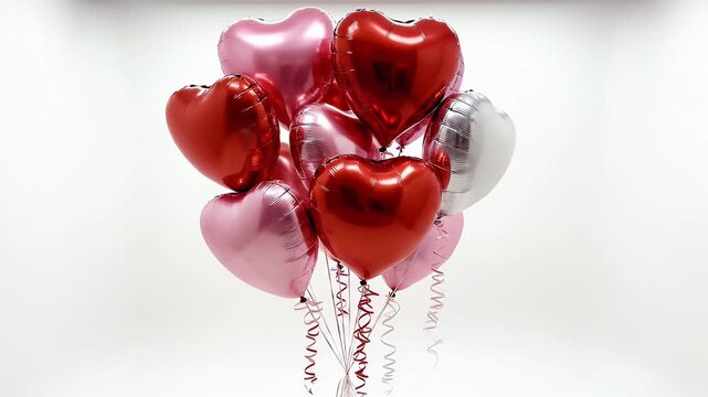 Bunch of Heart Shaped Balloons - A bunch of heart-shaped foil balloons in red, pink, and silver is displayed on a white background.