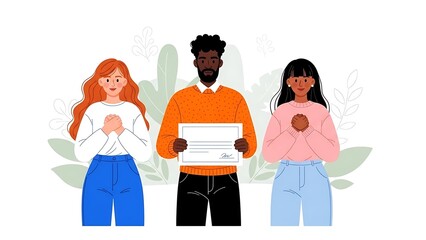 Diverse group of three smiling people standing together holding a blank certificate or award showing gratitude and appreciation for an achievement