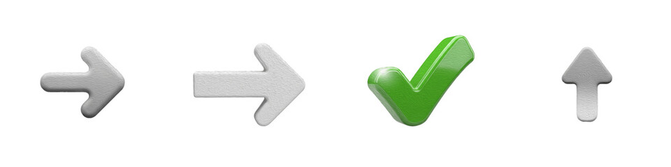 Set of 3D navigation arrows and a green checkmark icon isolated on white background - Glossy...