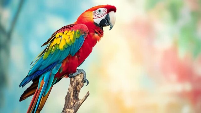 Colorful macaw parrot perched on branch against blurred abstract background
