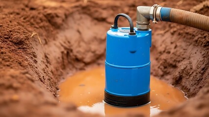Blue submersible pump in a muddy hole with a connected hose