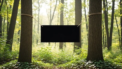Black rectangular sign hanging between two trees in a forest