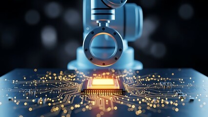 Blue robotic arm soldering a glowing chip on a circuit board