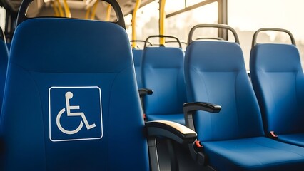 Blue seats with handicap symbol on a bus interior