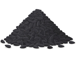 A dense, conical heap of smooth, jet-black seeds with subtle highlights sits on a white surface, with a few stray kernels scattered loosely at the base