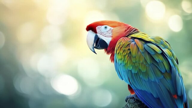Colorful parrot perched on branch with vibrant feathers and bokeh background
