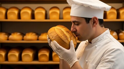 Baker Smelling Freshly Baked Bread in a Bakery with Shelves of Loaves