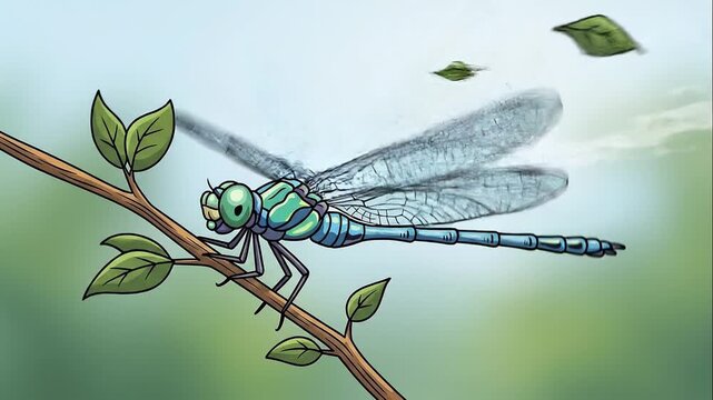 Animated Dragonfly Sitting on a Branch Outdoors