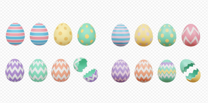 Set of colorful 3D rendered Easter eggs with various patterns and a broken eggshell, isolated on a transparent background, perfect for holiday designs and spring celebrations.