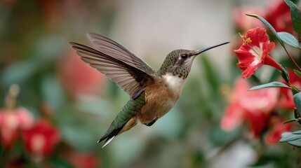 Obraz premium Vibrant Hummingbird Hovering Near Colorful Flowers in Garden Setting