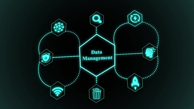 Data management visualization showing organized digital systems, structured information flow, intelligent processing nodes, and secure architecture.
