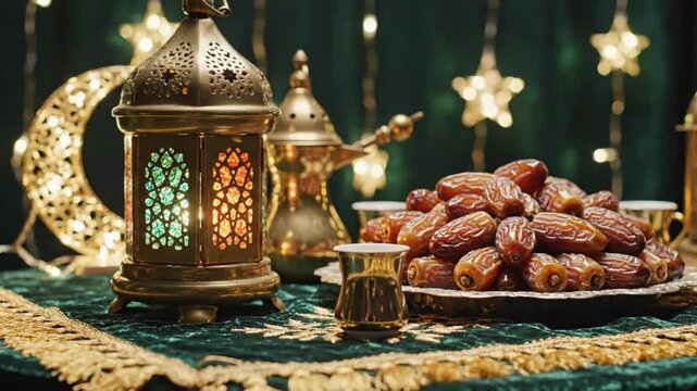 A beautifully decorated table setting for a festive occasion with dates, lantern, and stars on a green tablecloth viewed from the front.