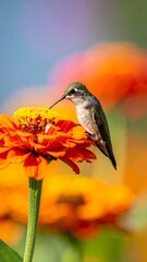 Fototapeta premium A hummingbird perched on a vibrant orange flower