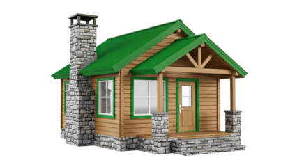 Cozy Log Cabin with Stone Chimney and Green Roof