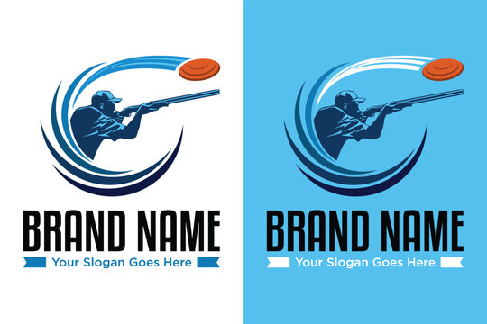 simple modern man shoots at a flying clay sport illustration logo design	