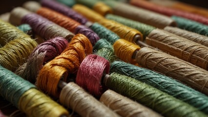 Creative composition of bunch of multi colored threads on table - Generative AI