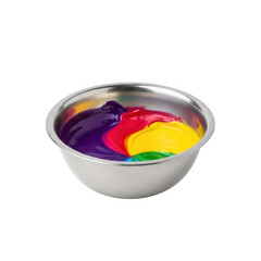 Vibrant rainbow colors swirling together in a stainless steel bowl isolated on transparent background