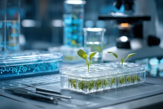 Gene editing workflow with plant samples, molecular diagrams, and advanced biotech instruments. Precision agriculture research used by scientists to improve crops and sustainable food systems.