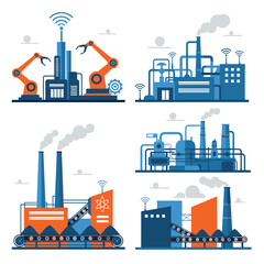 Obraz premium Collection of four modern and automated industrial factory designs, featuring robotic arms, conveyor belts, and smart manufacturing technology.
