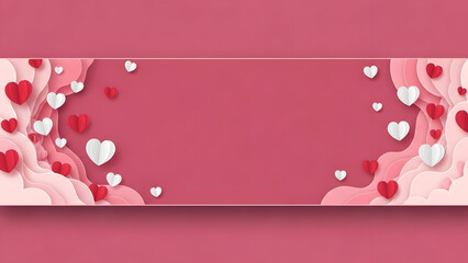 Valentine's day banner with red and white hearts on pink background for love and romance greeting card or social media post