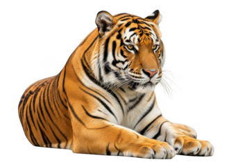 A majestic tiger lying down with its head turned to the right, showcasing its vibrant orange and black stripes and piercing eyes isolated on transparent background